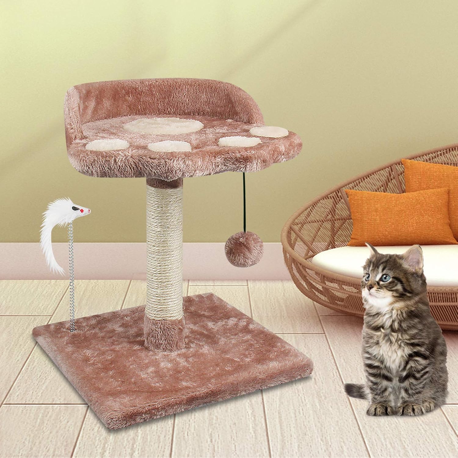 Small multi-level cat tree with natural sisal scratching posts, plush fabric platforms, and wood frame for kittens and adult cats โ view 2