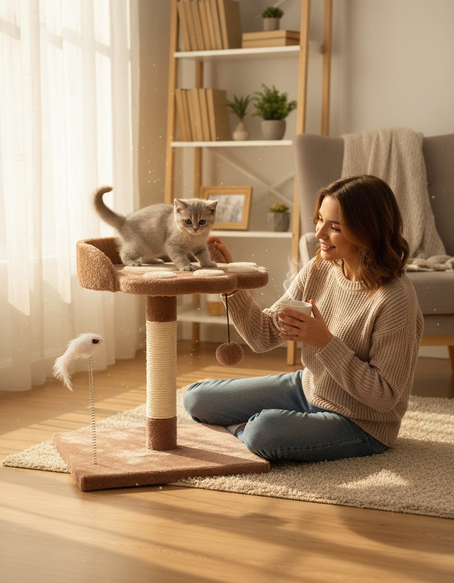 Small multi-level cat tree with natural sisal scratching posts, plush fabric platforms, and wood frame for kittens and adult cats — view 1