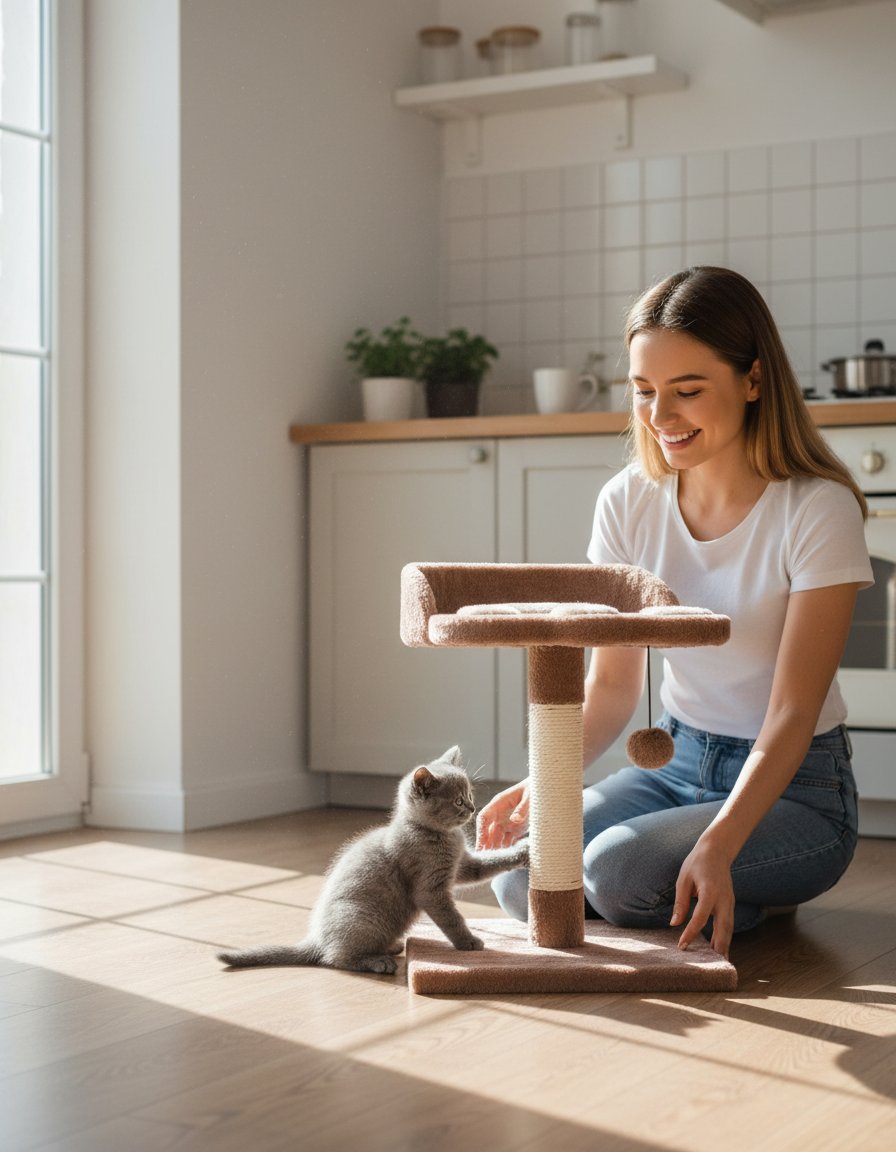 Small multi-level cat tree with natural sisal scratching posts, plush fabric platforms, and wood frame for kittens and adult cats — view 4