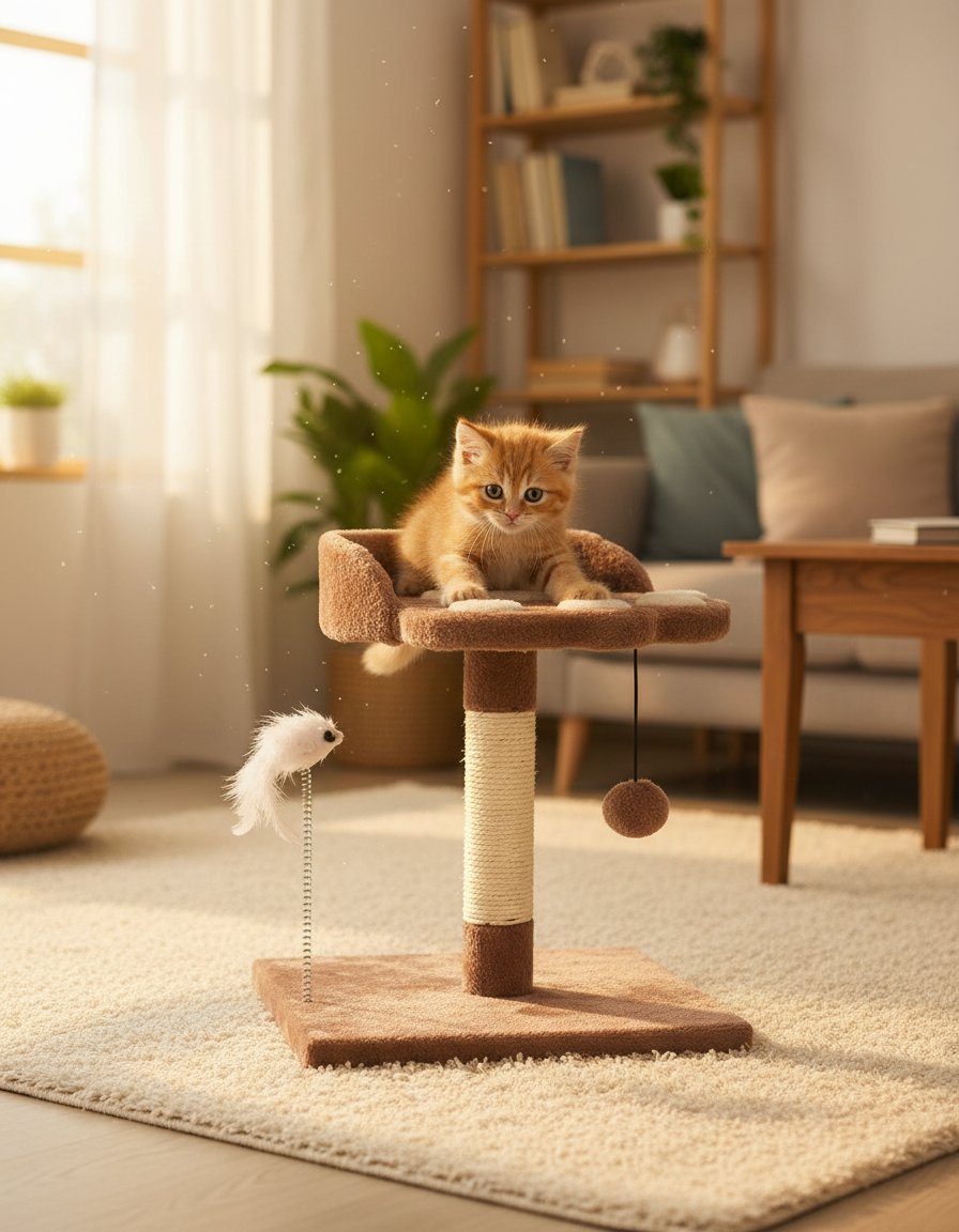 Small multi-level cat tree with natural sisal scratching posts, plush fabric platforms, and wood frame for kittens and adult cats — view 3a