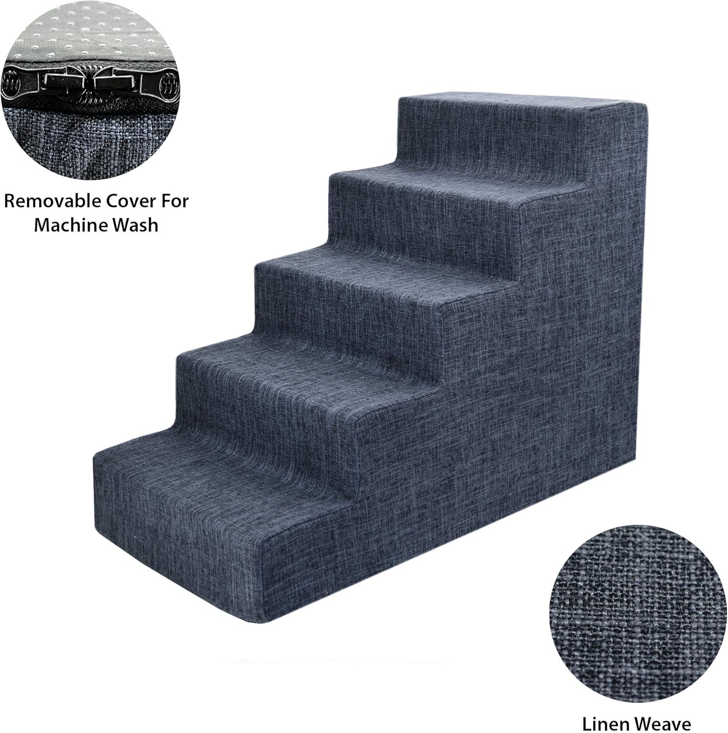 Dark gray linen foam pet stairs with 5 non-slip steps for small dogs and cats, 22.5-inch height indoor ramp โ view 3