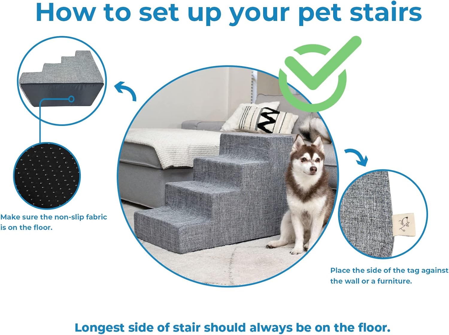 Dark gray linen foam pet stairs with 5 non-slip steps for small dogs and cats, 22.5-inch height indoor ramp โ view 2
