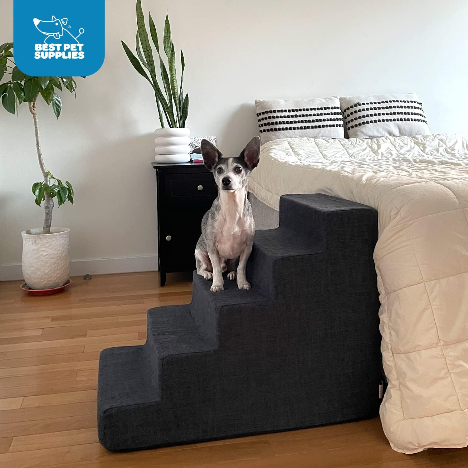 Dark gray linen foam pet stairs with 5 non-slip steps for small dogs and cats, 22.5-inch height indoor ramp โ view 3