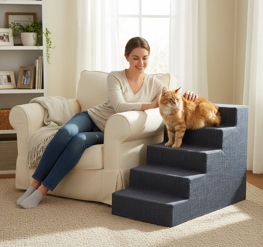 Dark gray linen foam pet stairs with 5 non-slip steps for small dogs and cats, 22.5-inch height indoor ramp — view 1