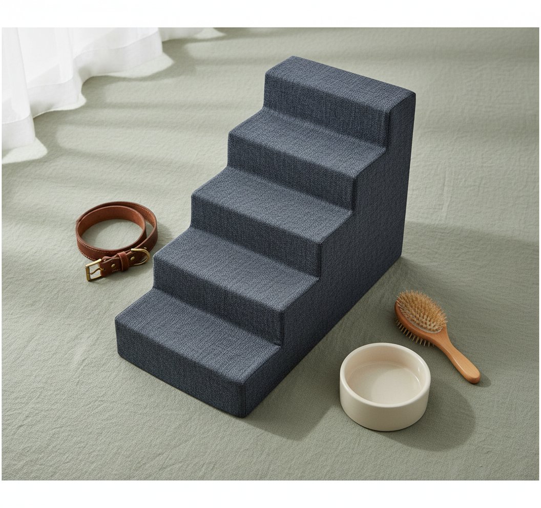 Dark gray linen foam pet stairs with 5 non-slip steps for small dogs and cats, 22.5-inch height indoor ramp — view 2