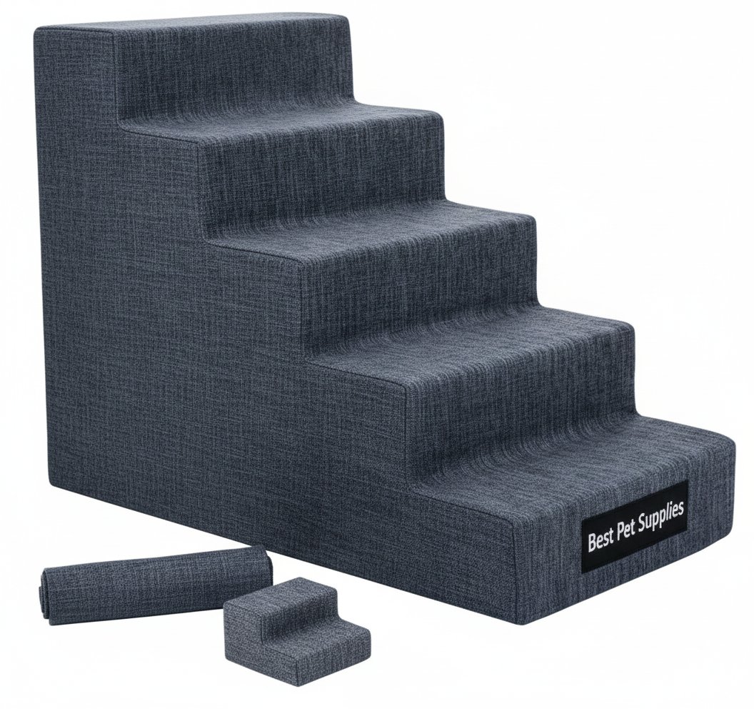Dark gray linen foam pet stairs with 5 non-slip steps for small dogs and cats, 22.5-inch height indoor ramp — view 3b