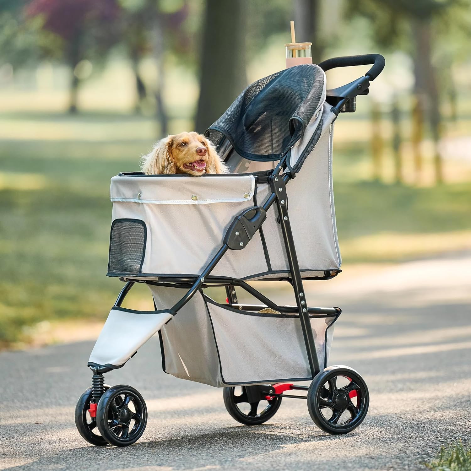 Khaki pet stroller with mesh panels, reflective trim, and umbrella canopy for small dogs and cats — view 1