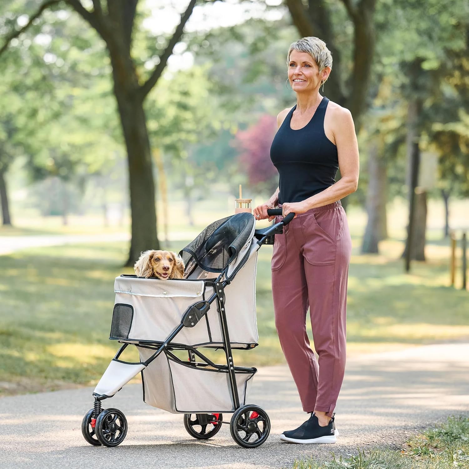 Khaki pet stroller with mesh panels, reflective trim, and umbrella canopy for small dogs and cats — view 2
