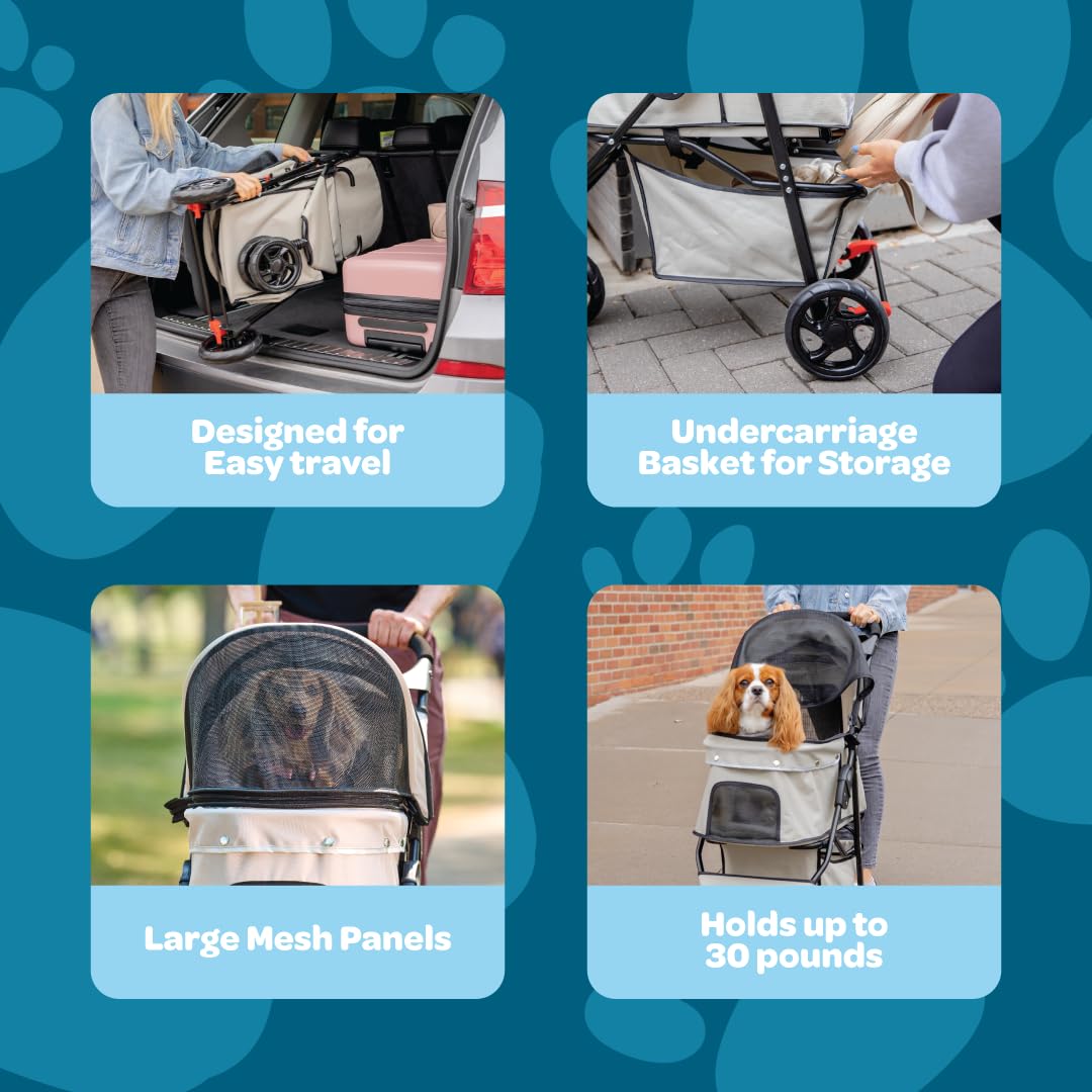 Khaki pet stroller with mesh panels, reflective trim, and umbrella canopy for small dogs and cats — view 4