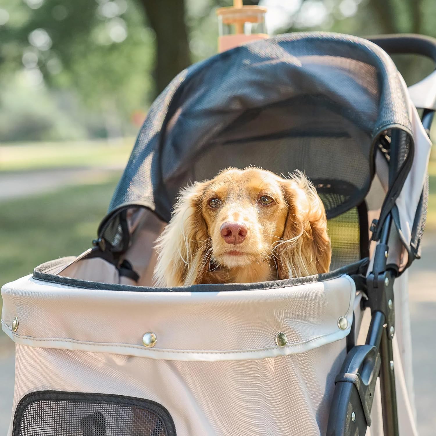 Khaki pet stroller with mesh panels, reflective trim, and umbrella canopy for small dogs and cats — view 2