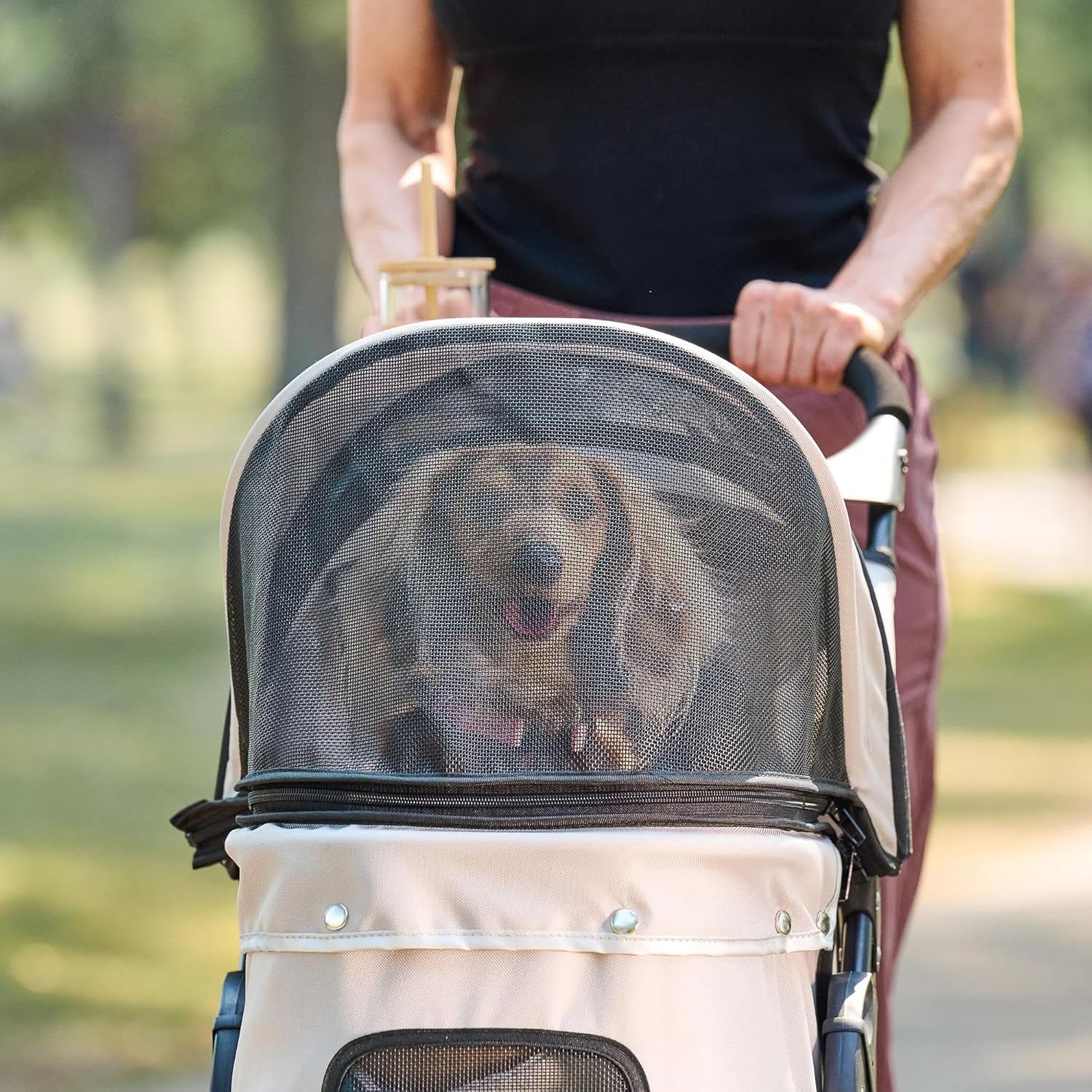 Khaki pet stroller with mesh panels, reflective trim, and umbrella canopy for small dogs and cats — view 3