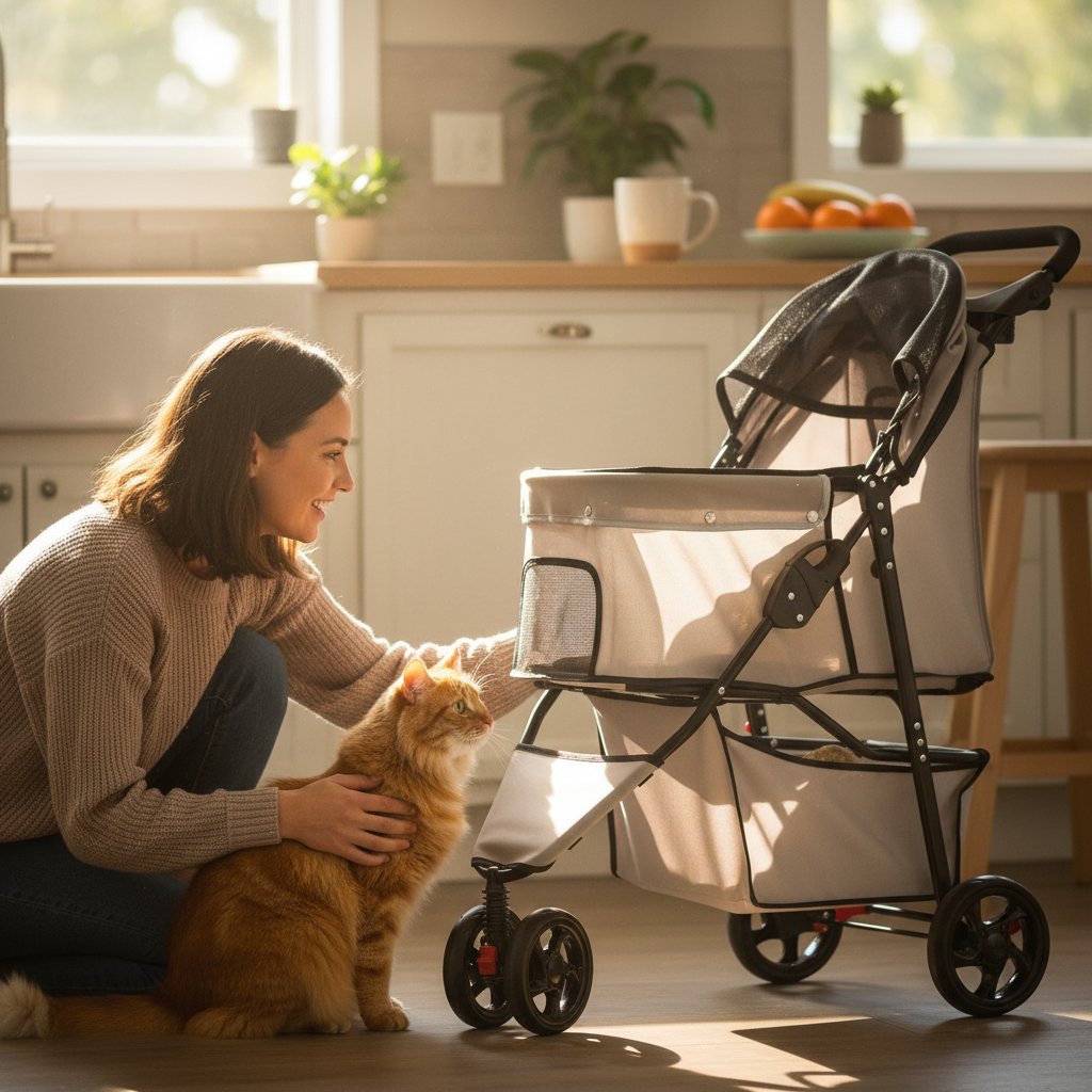 Khaki pet stroller with mesh panels, reflective trim, and umbrella canopy for small dogs and cats — view 2