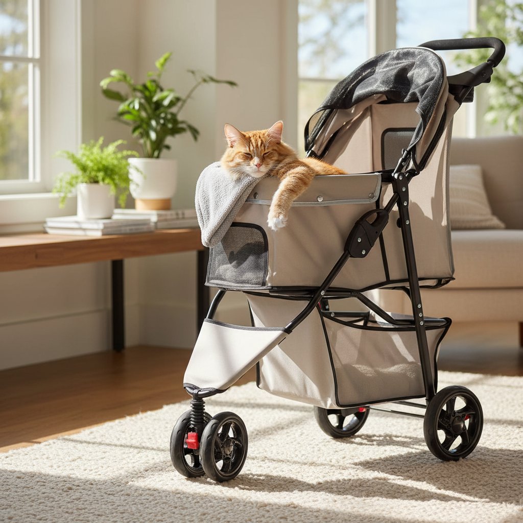 Khaki pet stroller with mesh panels, reflective trim, and umbrella canopy for small dogs and cats — view 3a