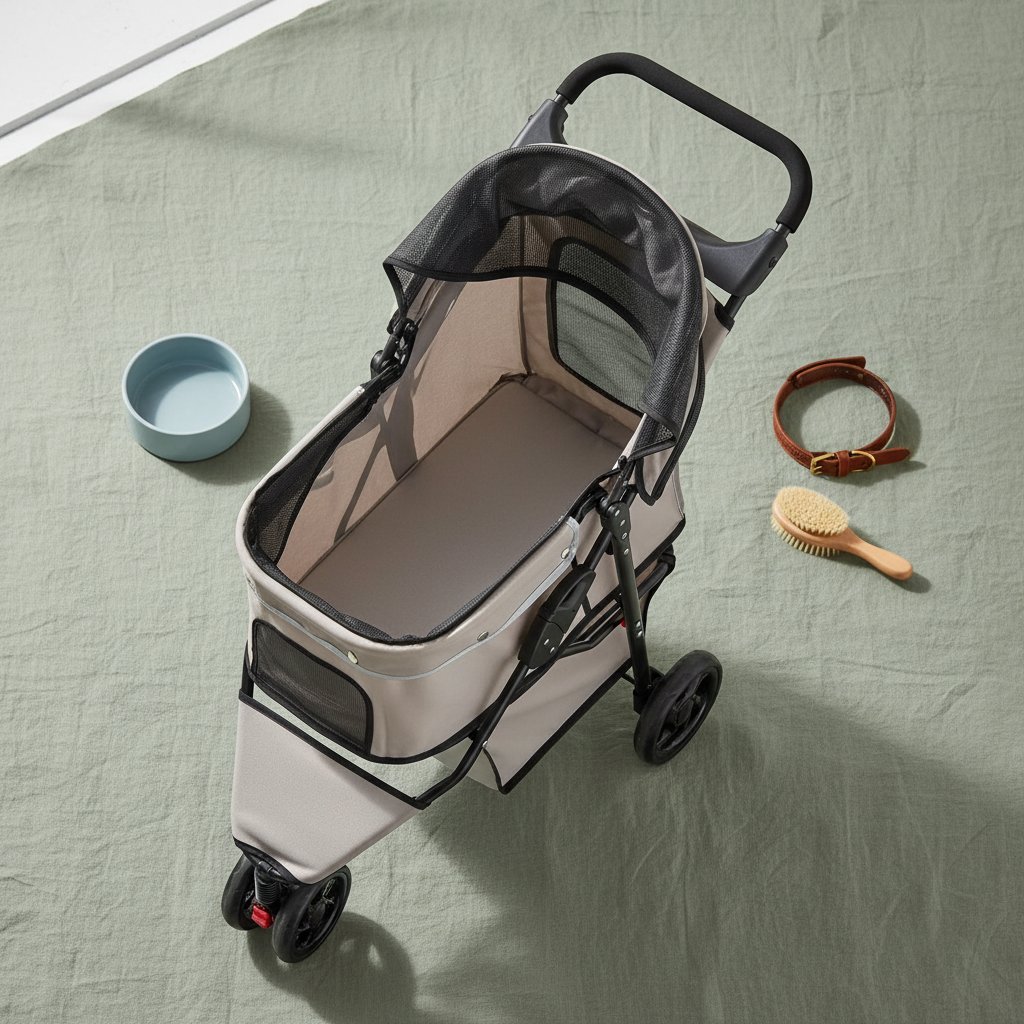 Khaki pet stroller with mesh panels, reflective trim, and umbrella canopy for small dogs and cats — view 4