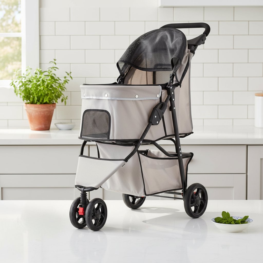 Khaki pet stroller with mesh panels, reflective trim, and umbrella canopy for small dogs and cats — view 5a