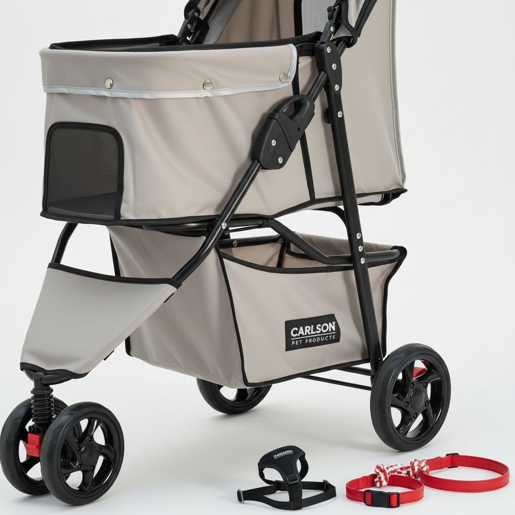 Khaki pet stroller with mesh panels, reflective trim, and umbrella canopy for small dogs and cats — view 5b