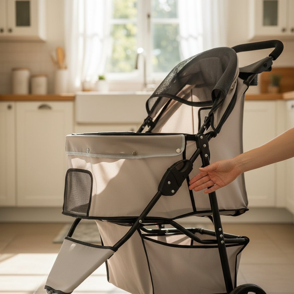Khaki pet stroller with mesh panels, reflective trim, and umbrella canopy for small dogs and cats — view 6