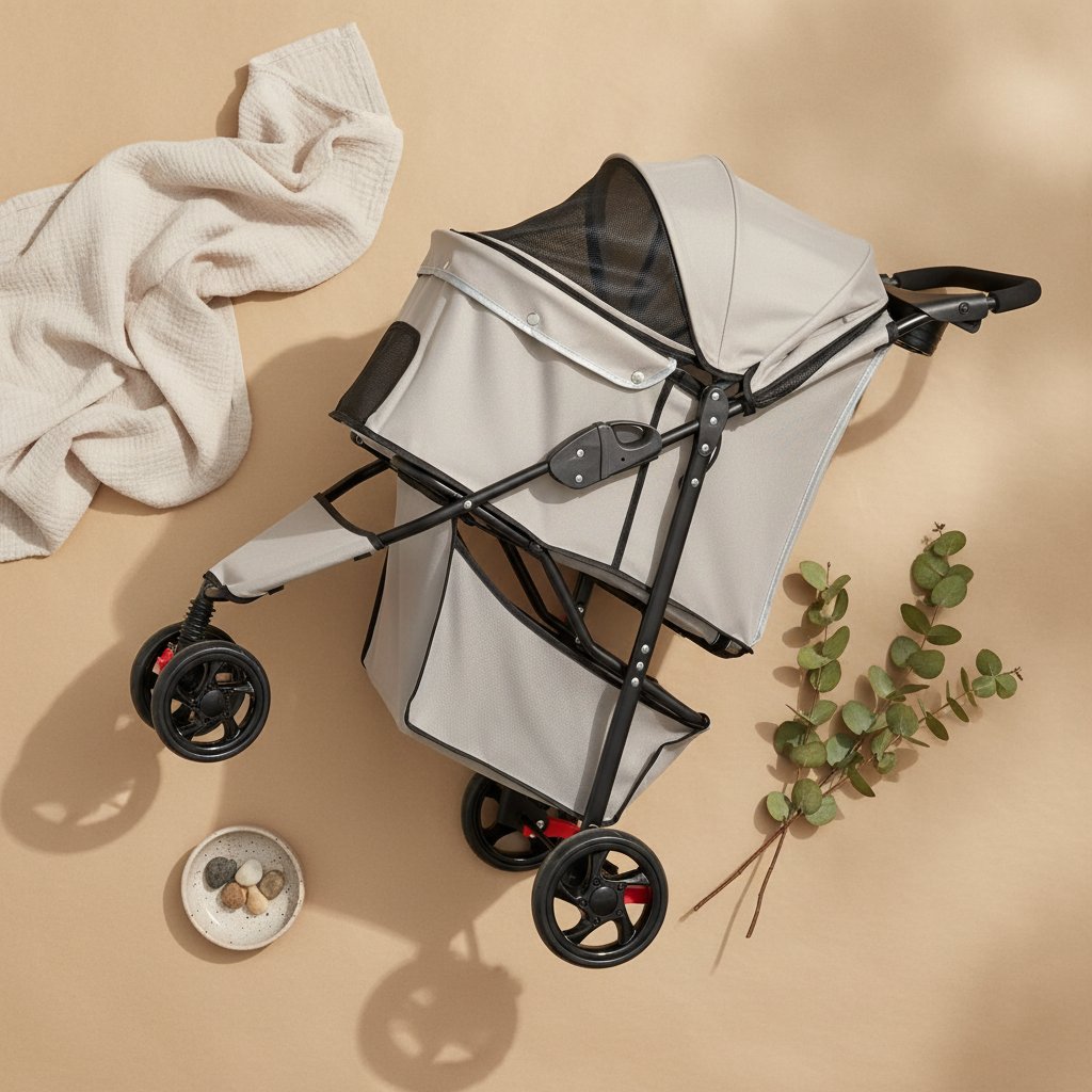 Khaki pet stroller with mesh panels, reflective trim, and umbrella canopy for small dogs and cats — view 7b