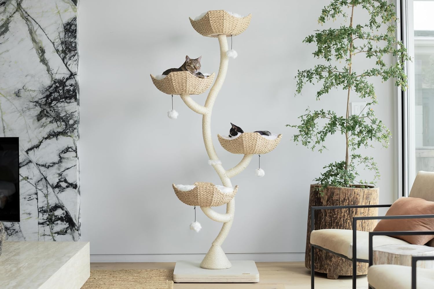Modern 73-inch tall cat tree with faux fur platforms and sisal rope scratching posts for large cats โ view 3