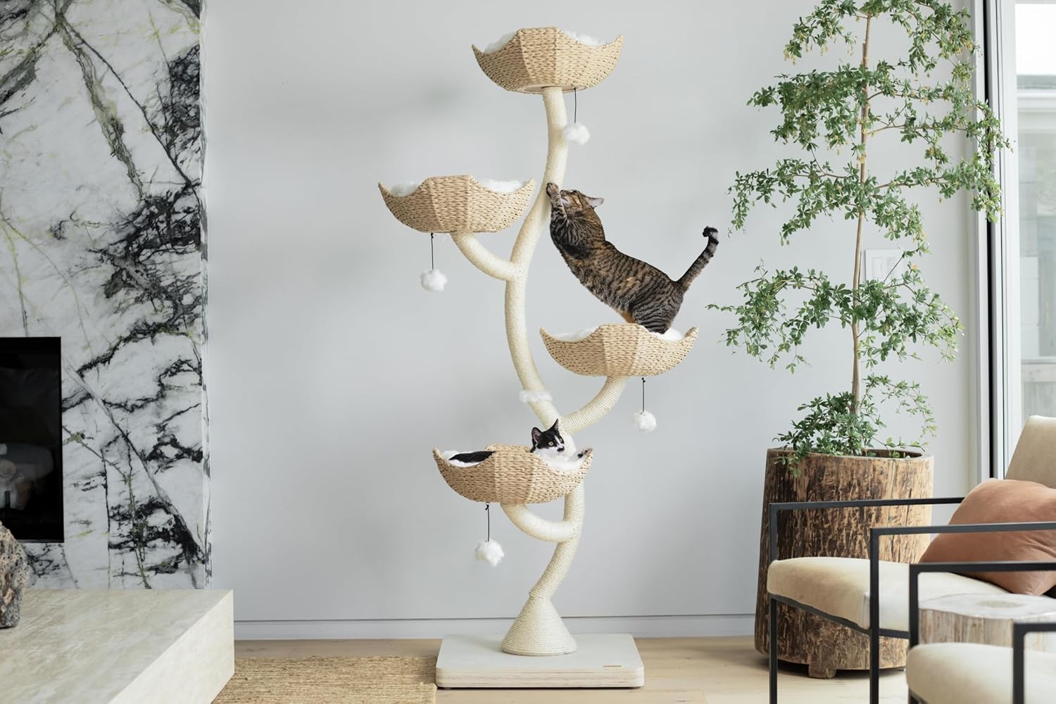 Modern 73-inch tall cat tree with faux fur platforms and sisal rope scratching posts for large cats โ view 4