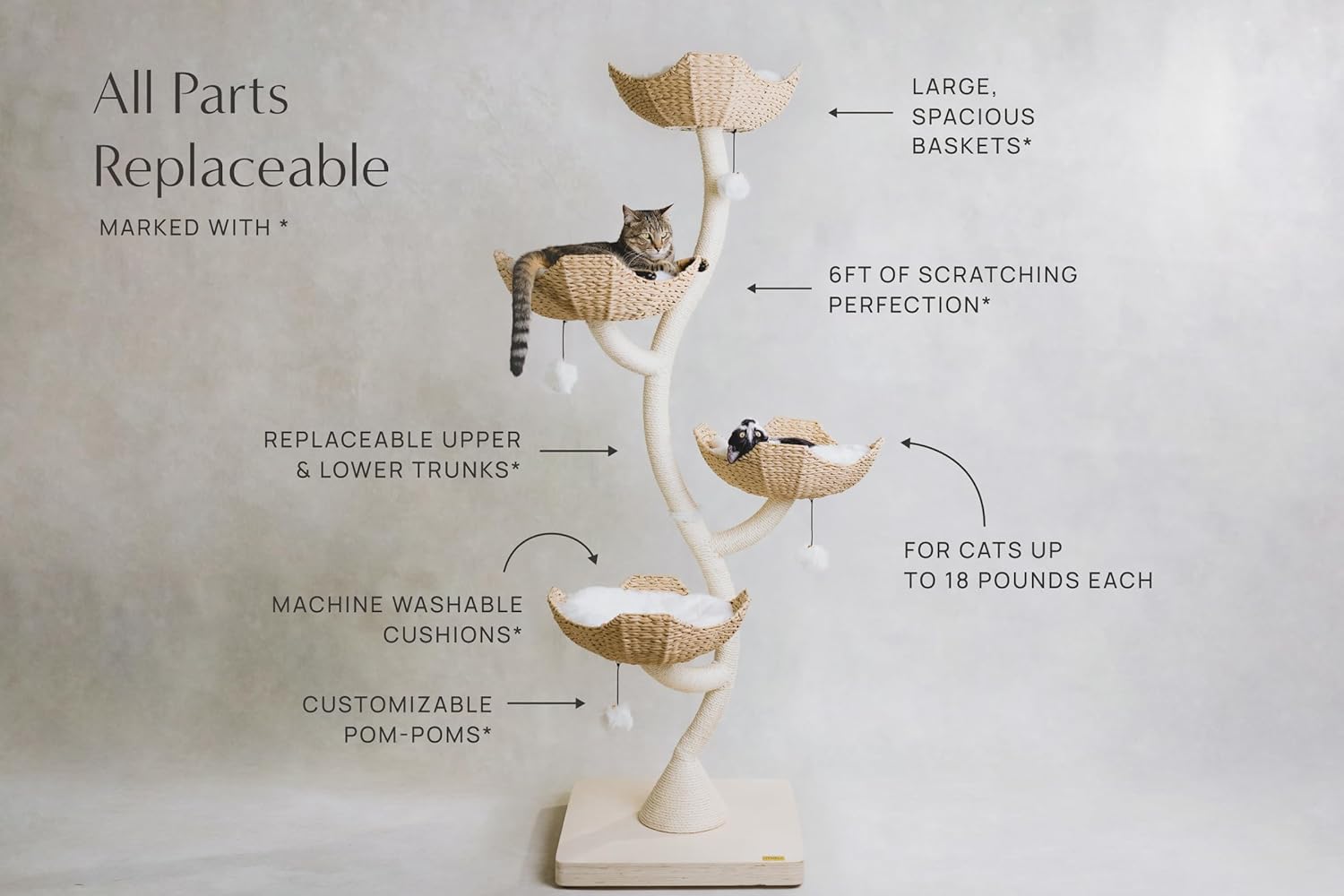 Modern 73-inch tall cat tree with faux fur platforms and sisal rope scratching posts for large cats โ view 5
