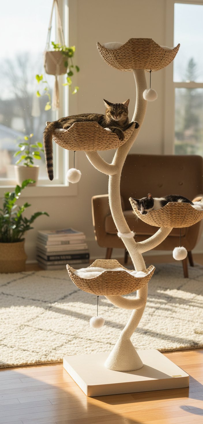 Modern 73-inch tall cat tree with faux fur platforms and sisal rope scratching posts for large cats — view 3a