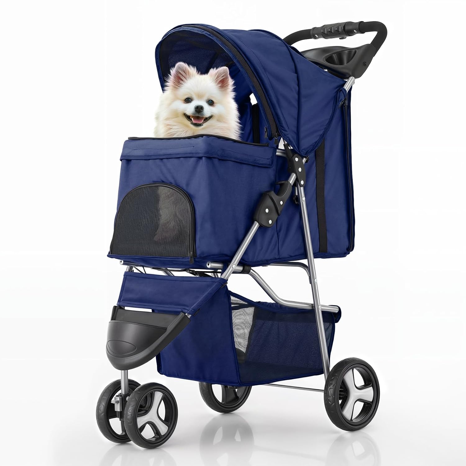 Blue 3-wheel foldable pet stroller with breathable mesh window and storage basket for small dogs and cats โ view 1
