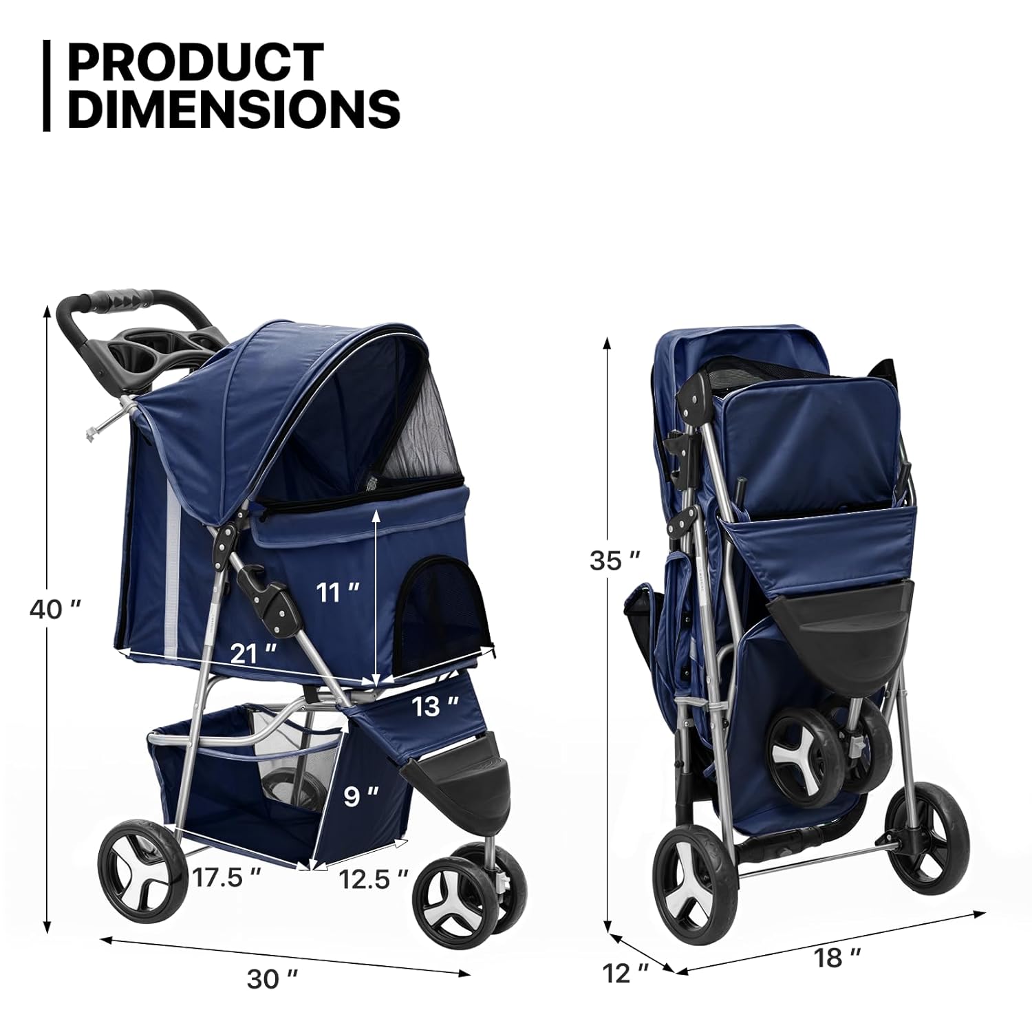 Blue 3-wheel foldable pet stroller with breathable mesh window and storage basket for small dogs and cats โ view 2