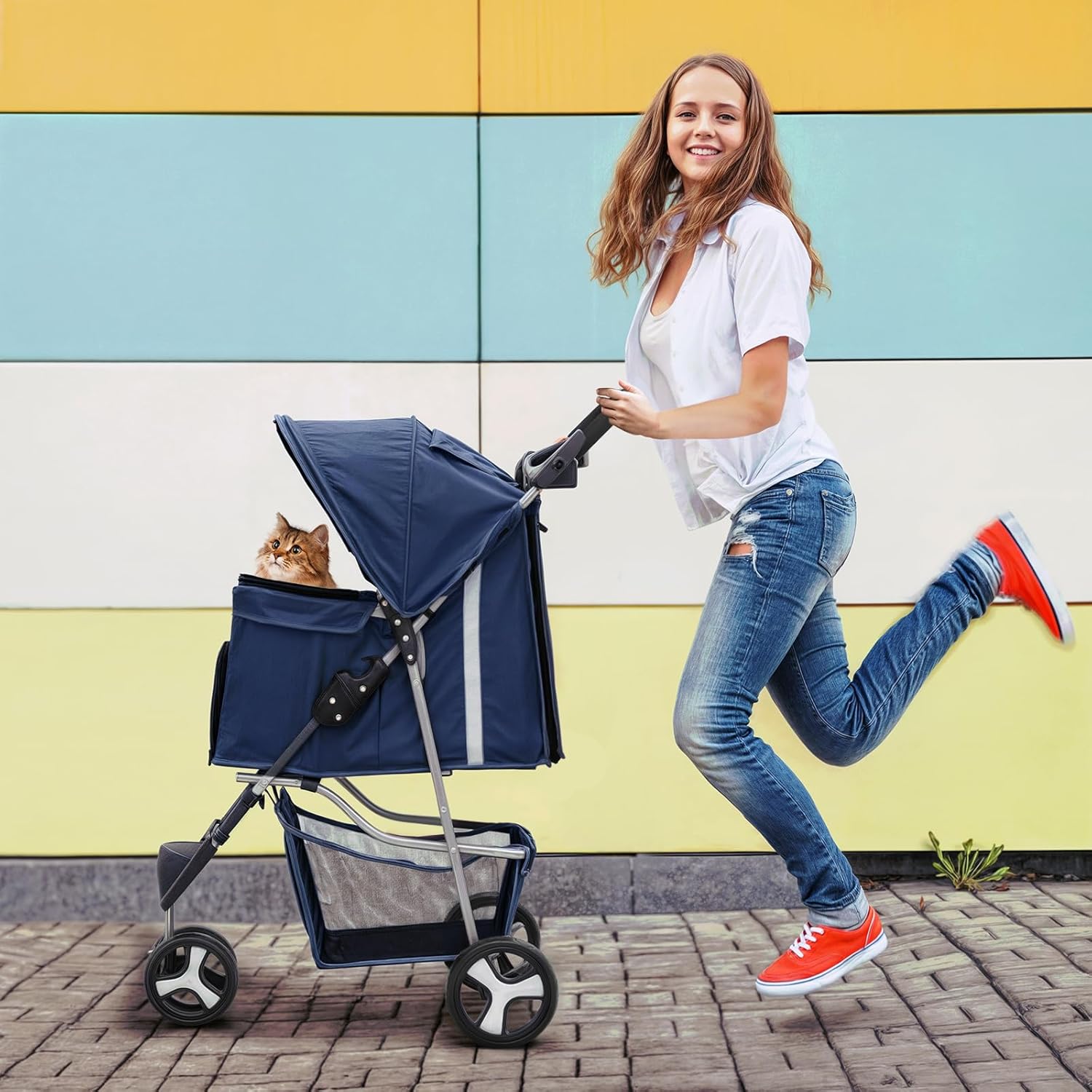 Blue 3-wheel foldable pet stroller with breathable mesh window and storage basket for small dogs and cats โ view 3