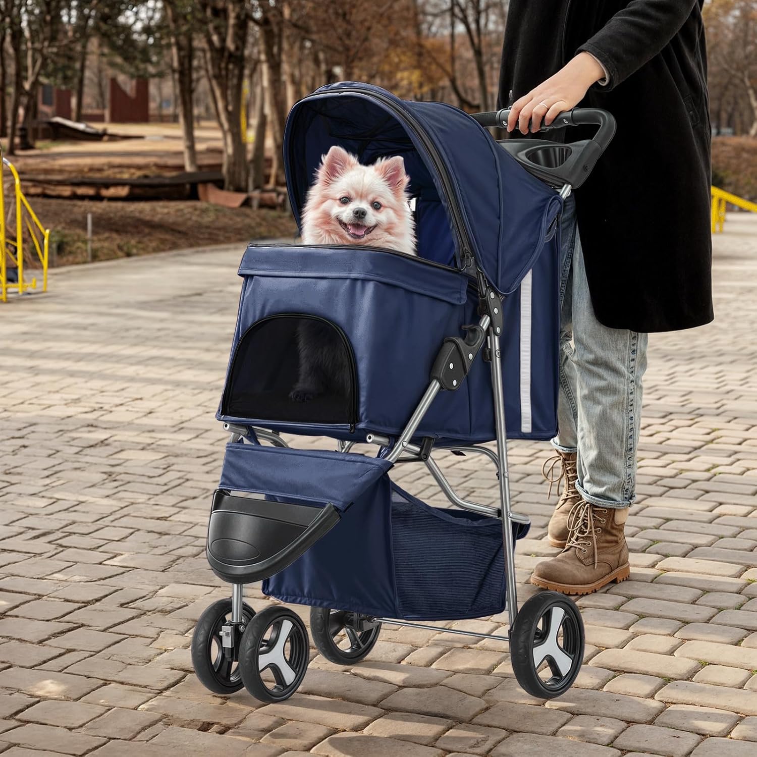 Blue 3-wheel foldable pet stroller with breathable mesh window and storage basket for small dogs and cats โ view 4