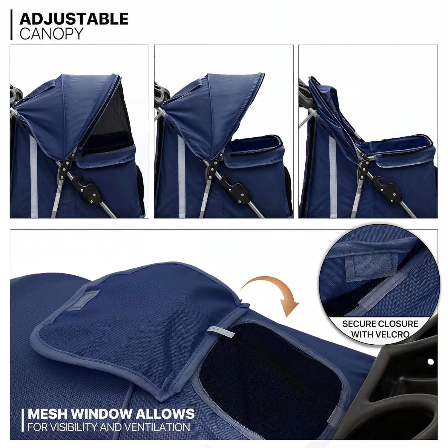 Blue 3-wheel foldable pet stroller with breathable mesh window and storage basket for small dogs and cats โ view 2