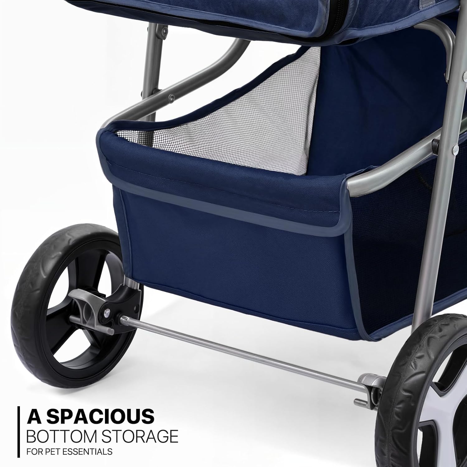 Blue 3-wheel foldable pet stroller with breathable mesh window and storage basket for small dogs and cats โ view 5