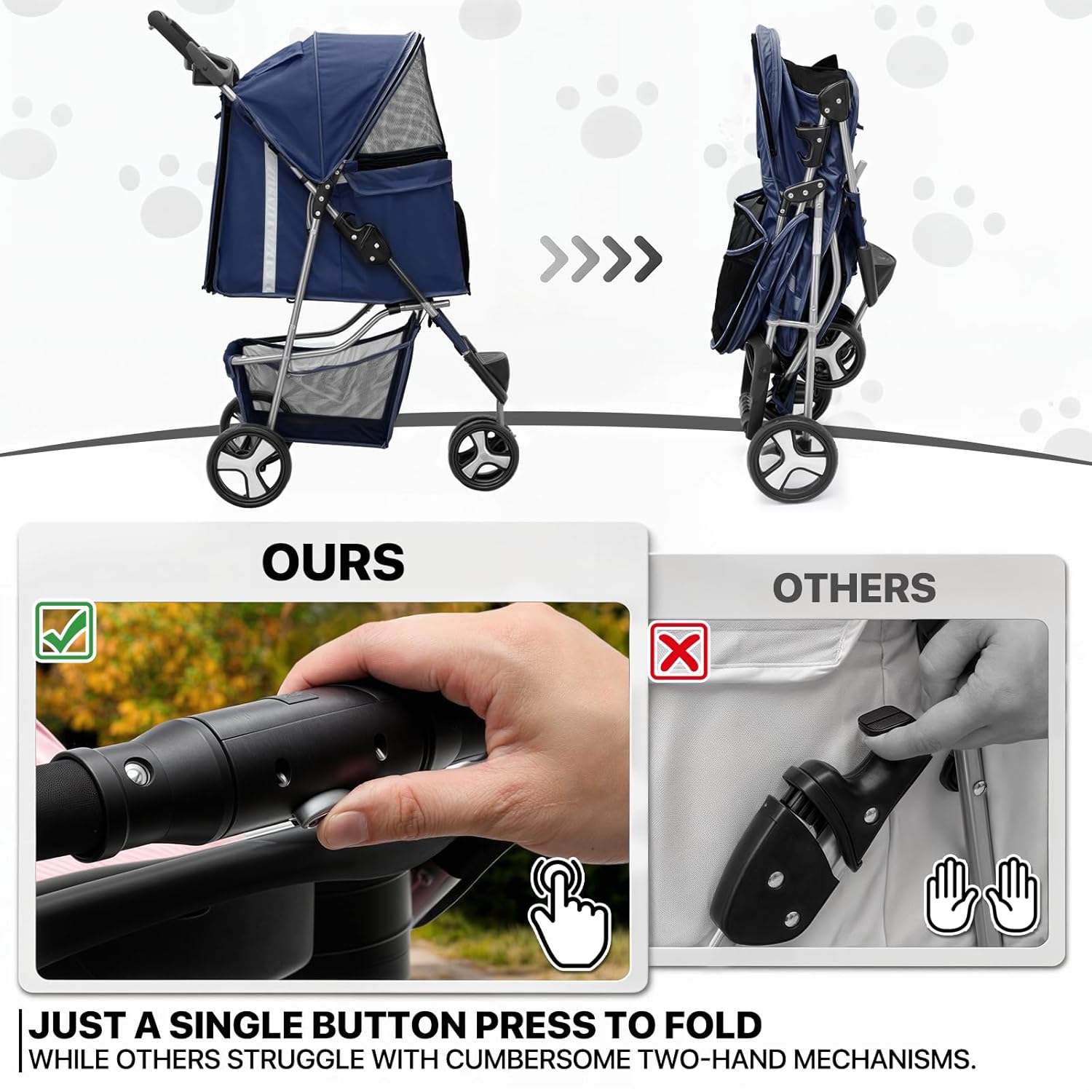 Blue 3-wheel foldable pet stroller with breathable mesh window and storage basket for small dogs and cats — view 7a