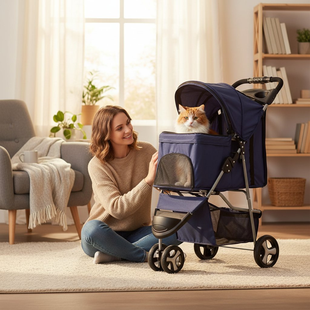 Blue 3-wheel foldable pet stroller with breathable mesh window and storage basket for small dogs and cats — view 1