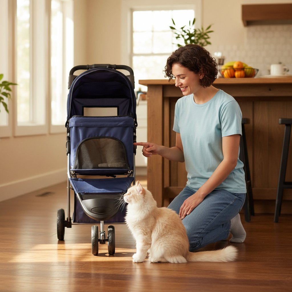 Blue 3-wheel foldable pet stroller with breathable mesh window and storage basket for small dogs and cats — view 2