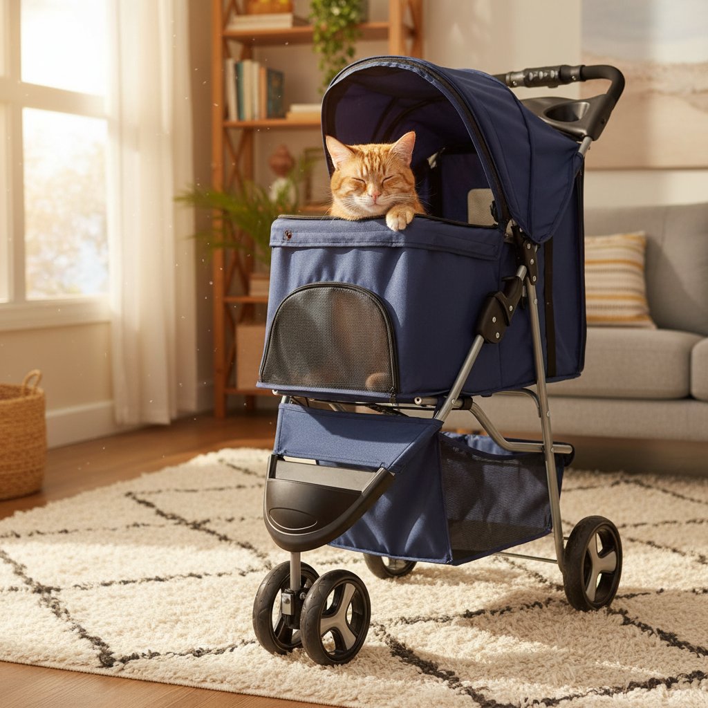 Blue 3-wheel foldable pet stroller with breathable mesh window and storage basket for small dogs and cats — view 3a