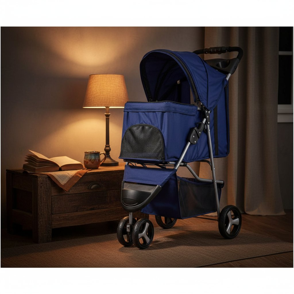 Blue 3-wheel foldable pet stroller with breathable mesh window and storage basket for small dogs and cats — view 3b