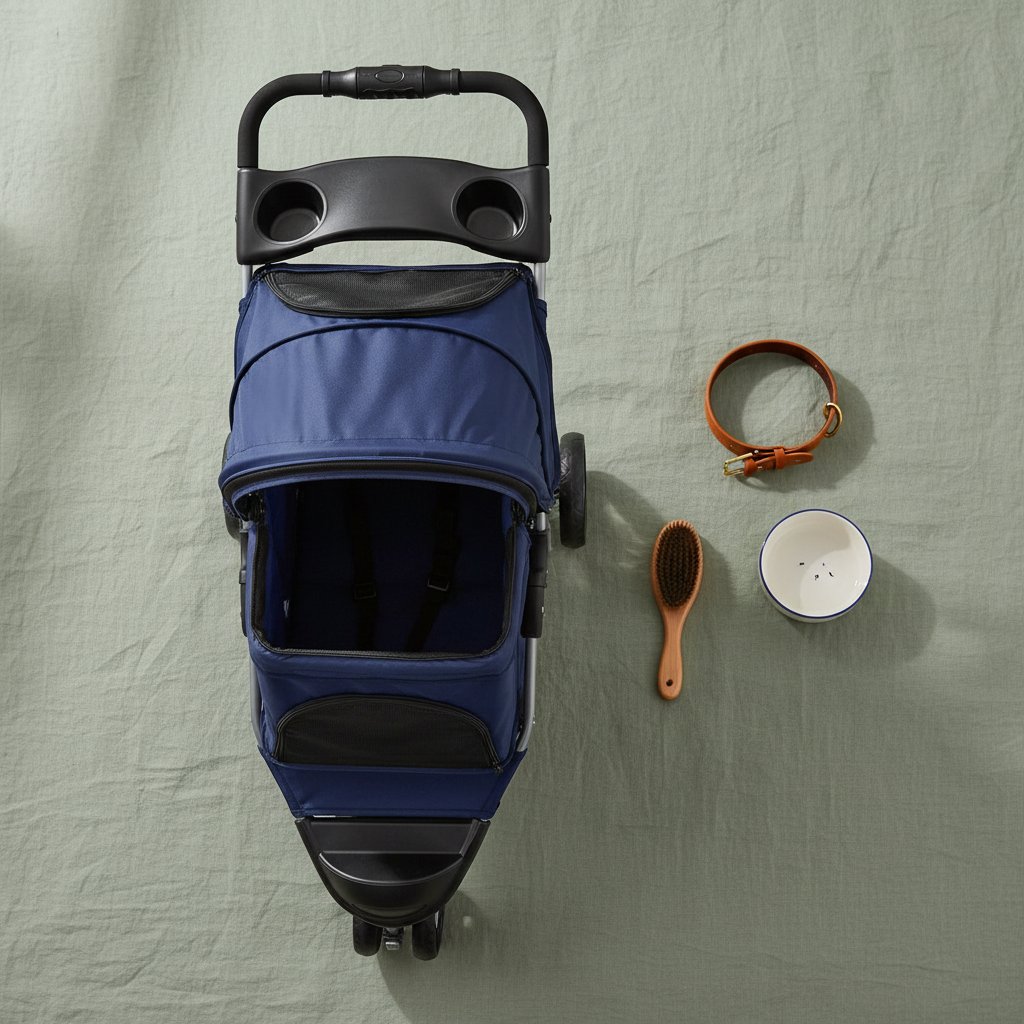 Blue 3-wheel foldable pet stroller with breathable mesh window and storage basket for small dogs and cats — view 4