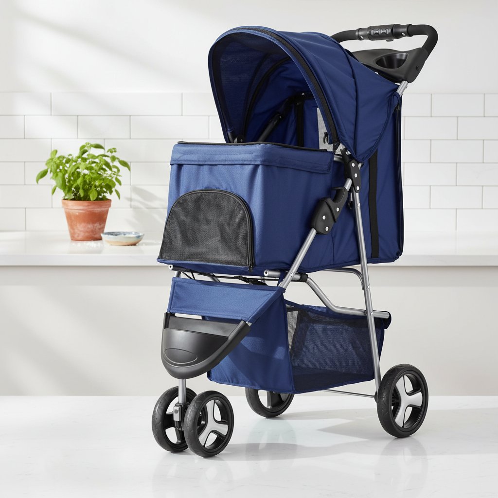 Blue 3-wheel foldable pet stroller with breathable mesh window and storage basket for small dogs and cats — view 5a