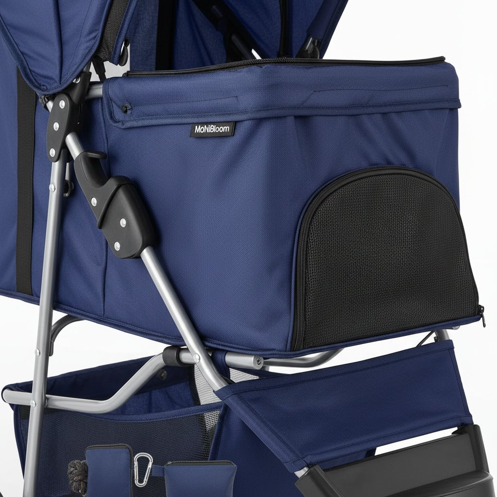 Blue 3-wheel foldable pet stroller with breathable mesh window and storage basket for small dogs and cats — view 5b