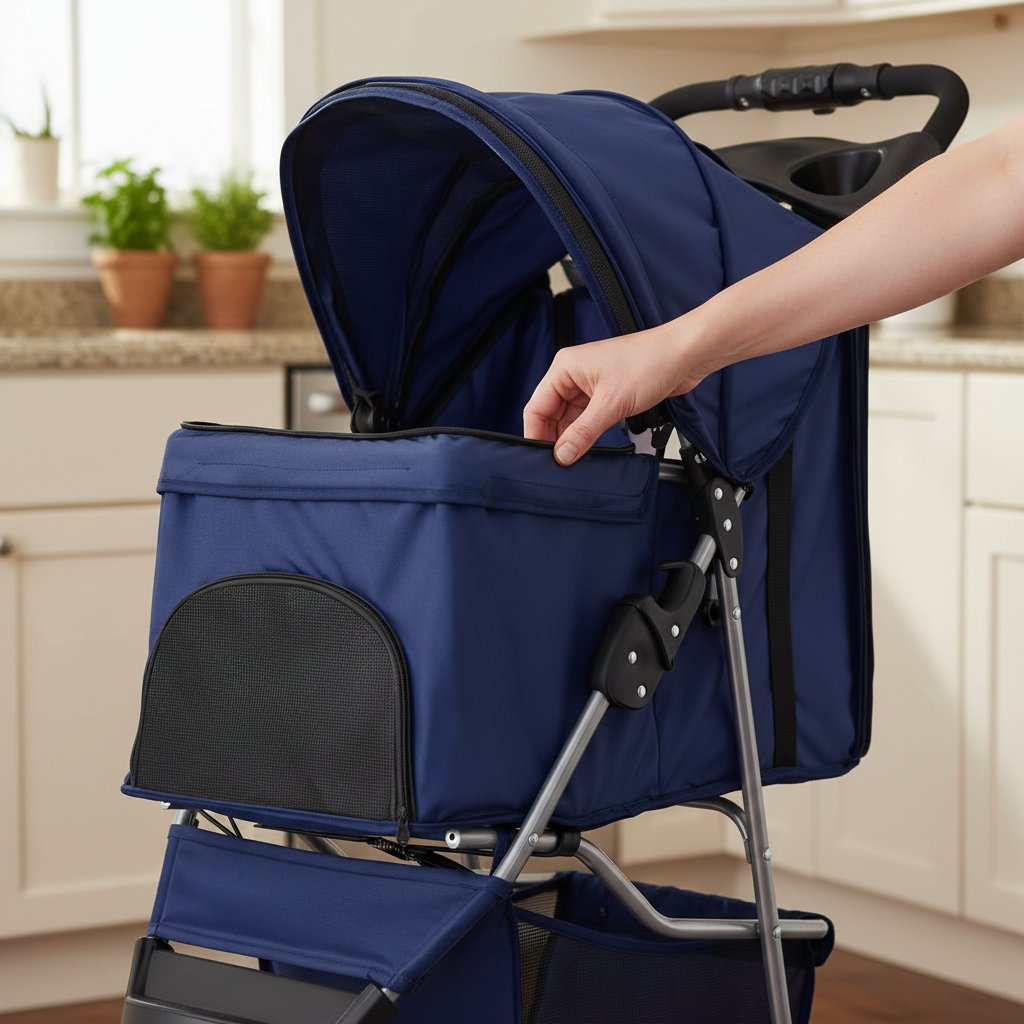 Blue 3-wheel foldable pet stroller with breathable mesh window and storage basket for small dogs and cats — view 6