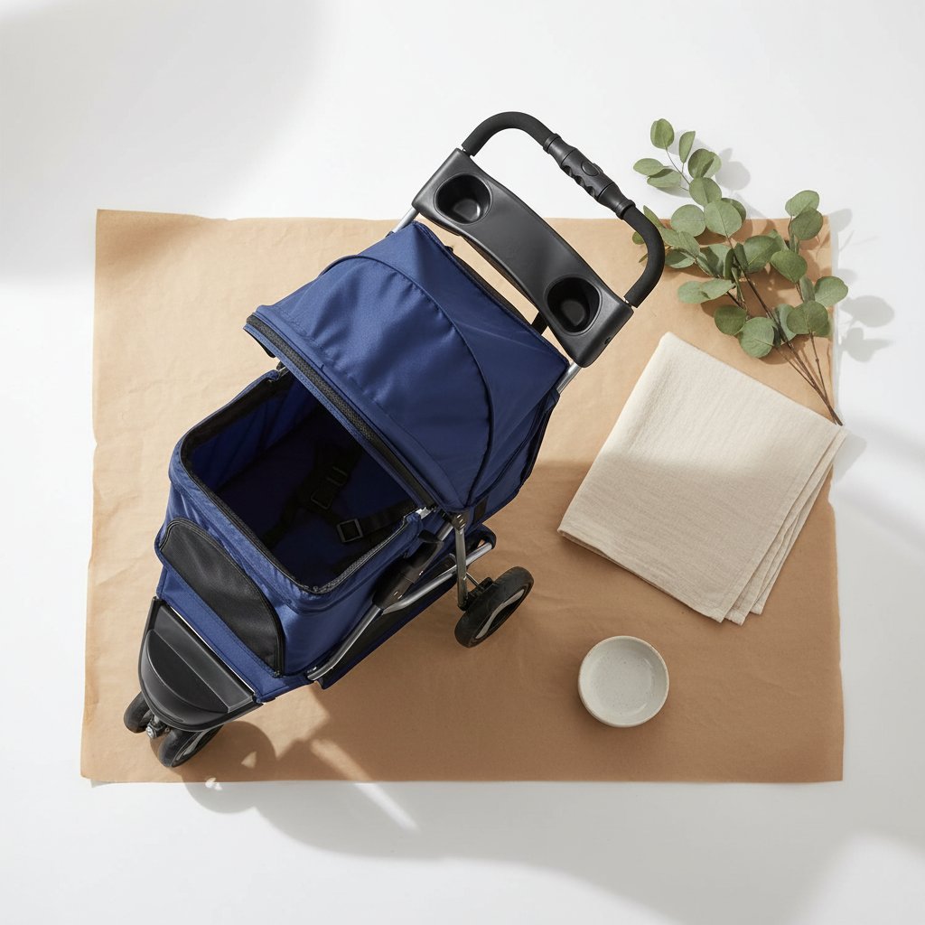 Blue 3-wheel foldable pet stroller with breathable mesh window and storage basket for small dogs and cats — view 7b