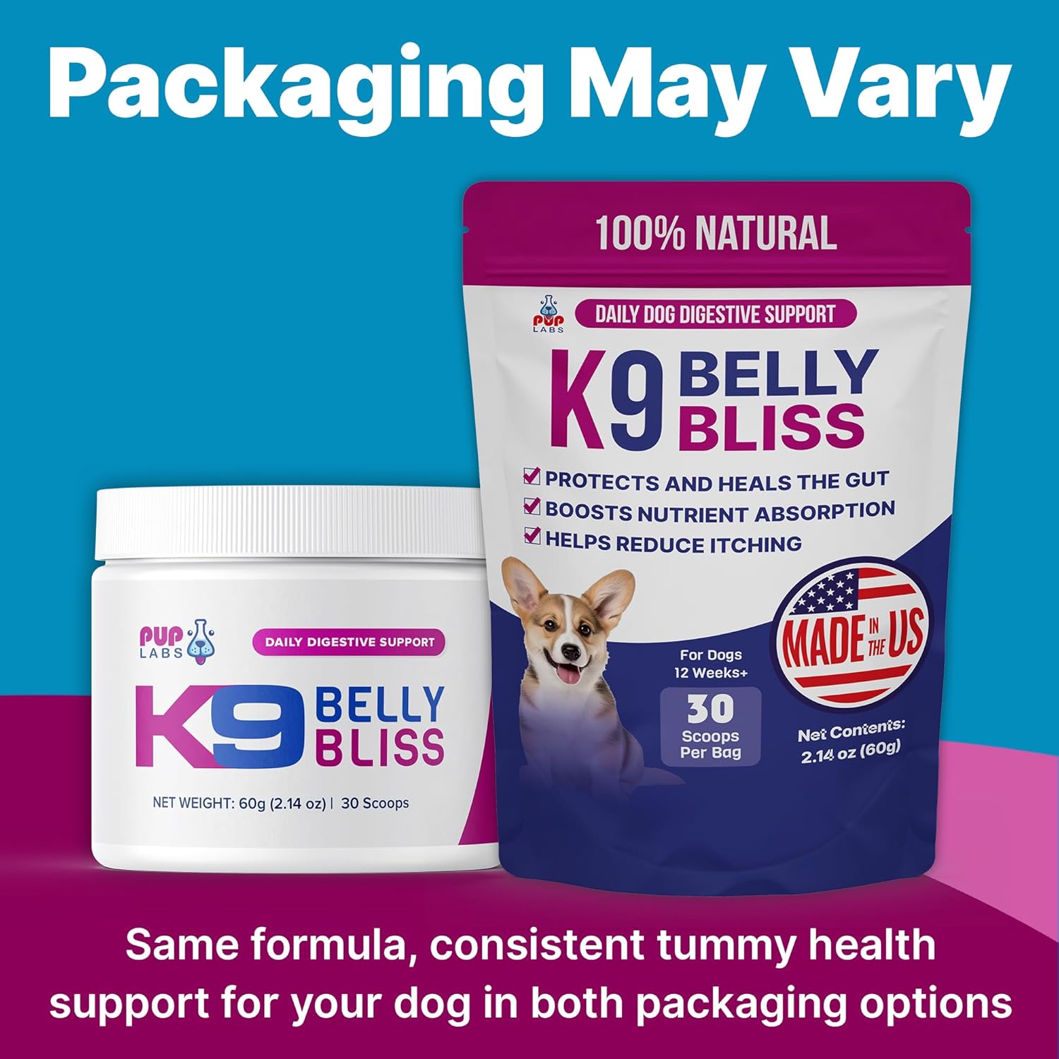 Natural prebiotic powder supplement for dogs in white scoop, digestive health support formula โ view 5