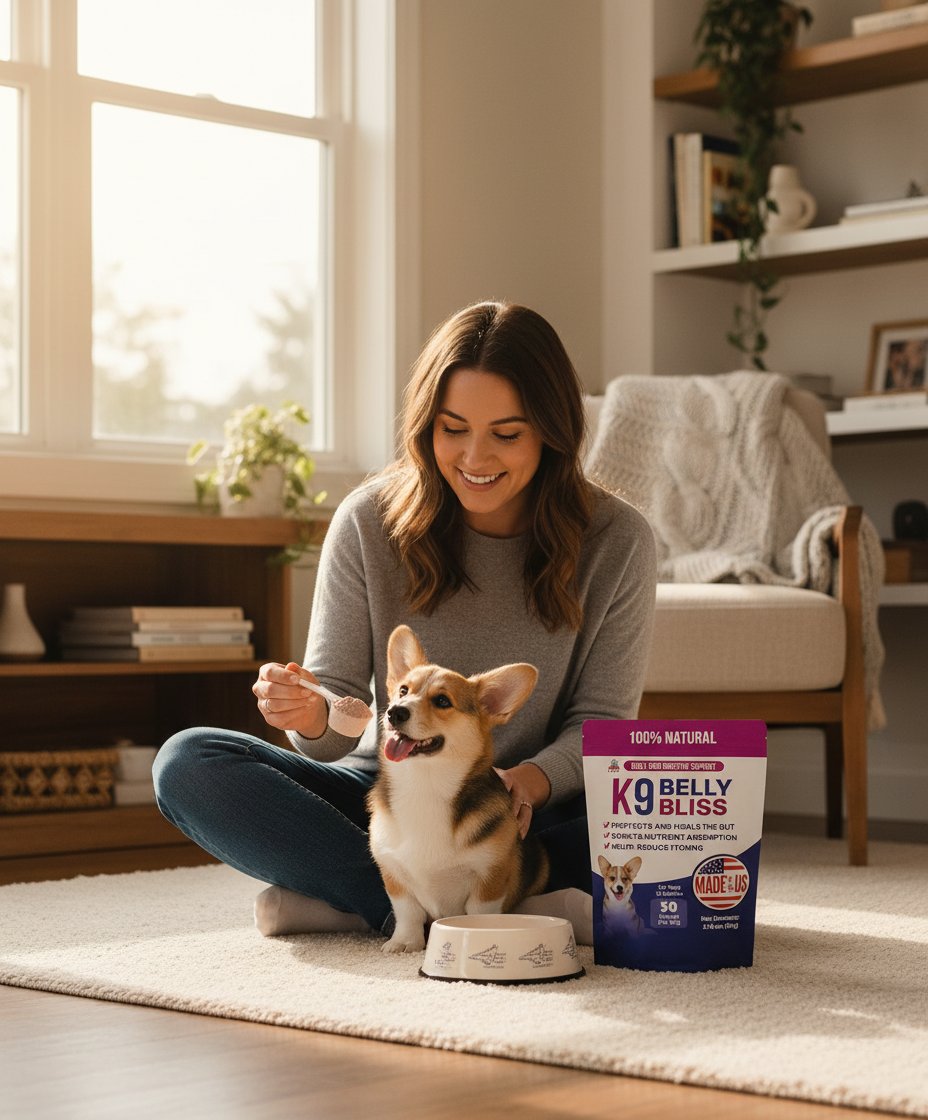 Natural prebiotic powder supplement for dogs in white scoop, digestive health support formula — view 1