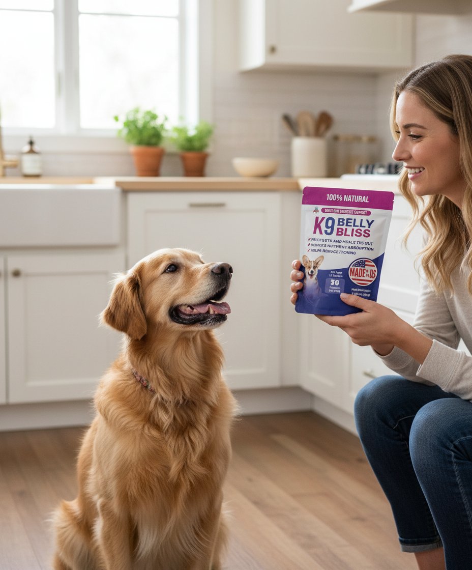 Natural prebiotic powder supplement for dogs in white scoop, digestive health support formula — view 2
