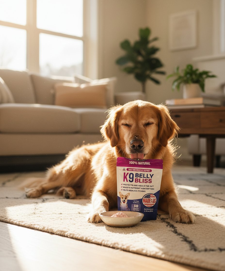 Natural prebiotic powder supplement for dogs in white scoop, digestive health support formula — view 3a