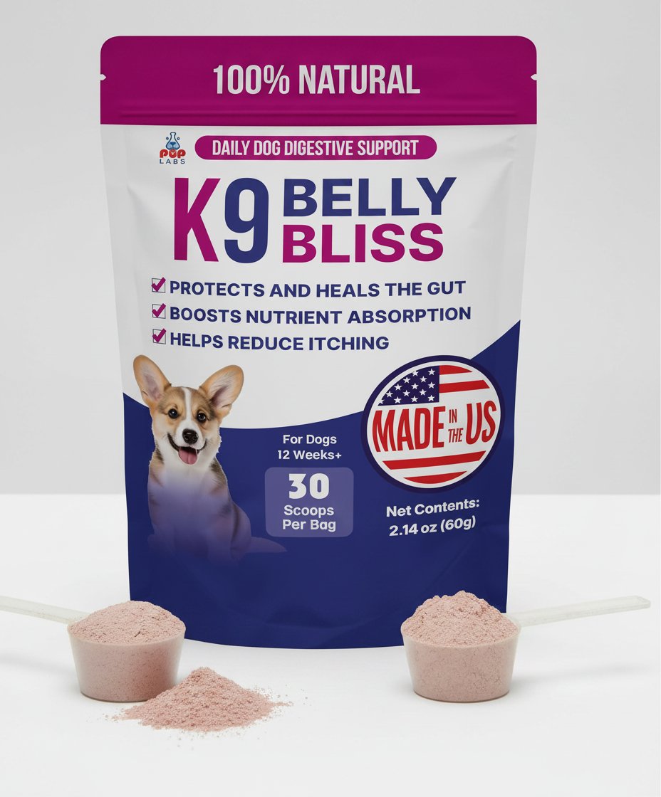 Natural prebiotic powder supplement for dogs in white scoop, digestive health support formula — view 5b
