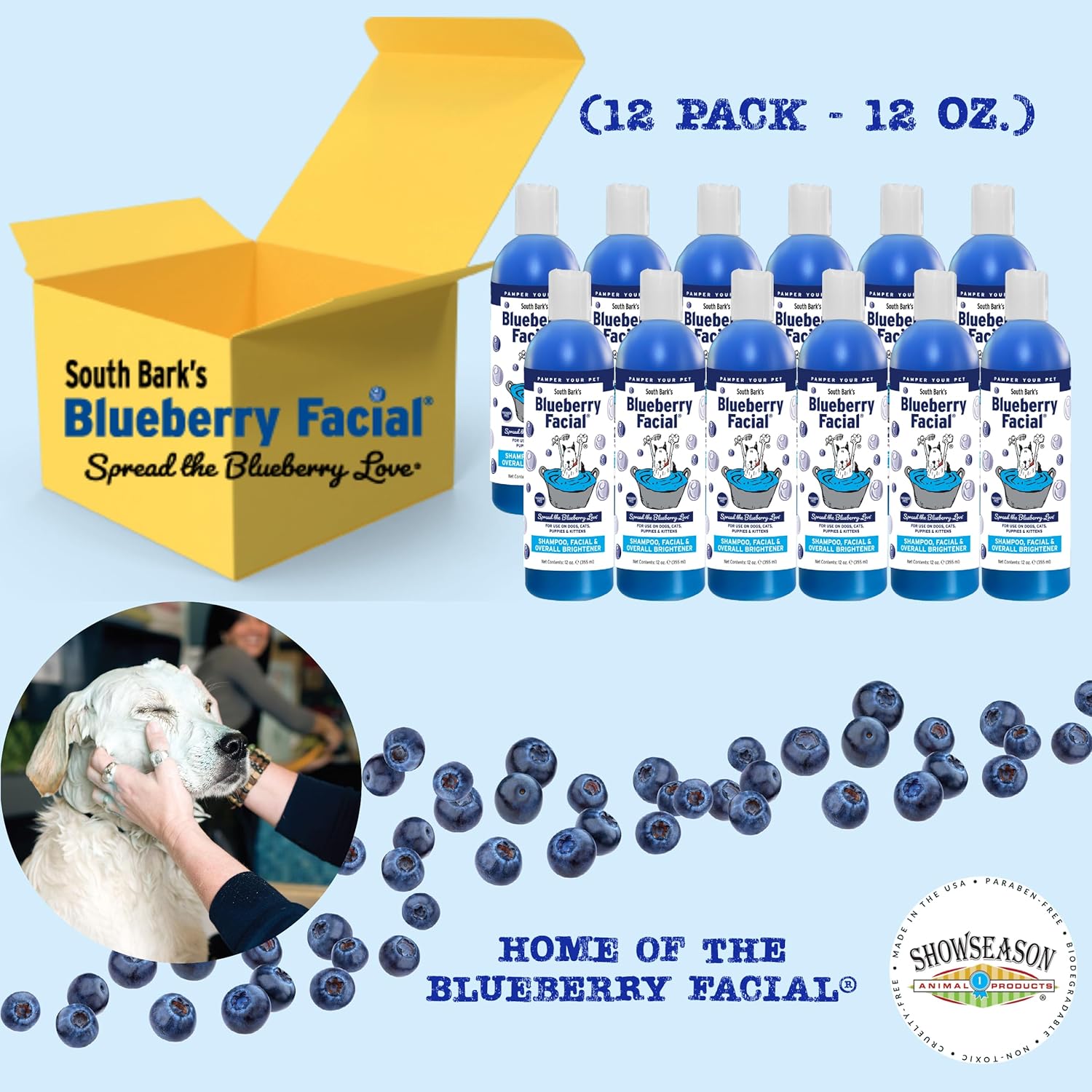 Blueberry facial pet shampoo bottle in blue liquid cleanser for dogs and cats with tear stain removal formula — view 2