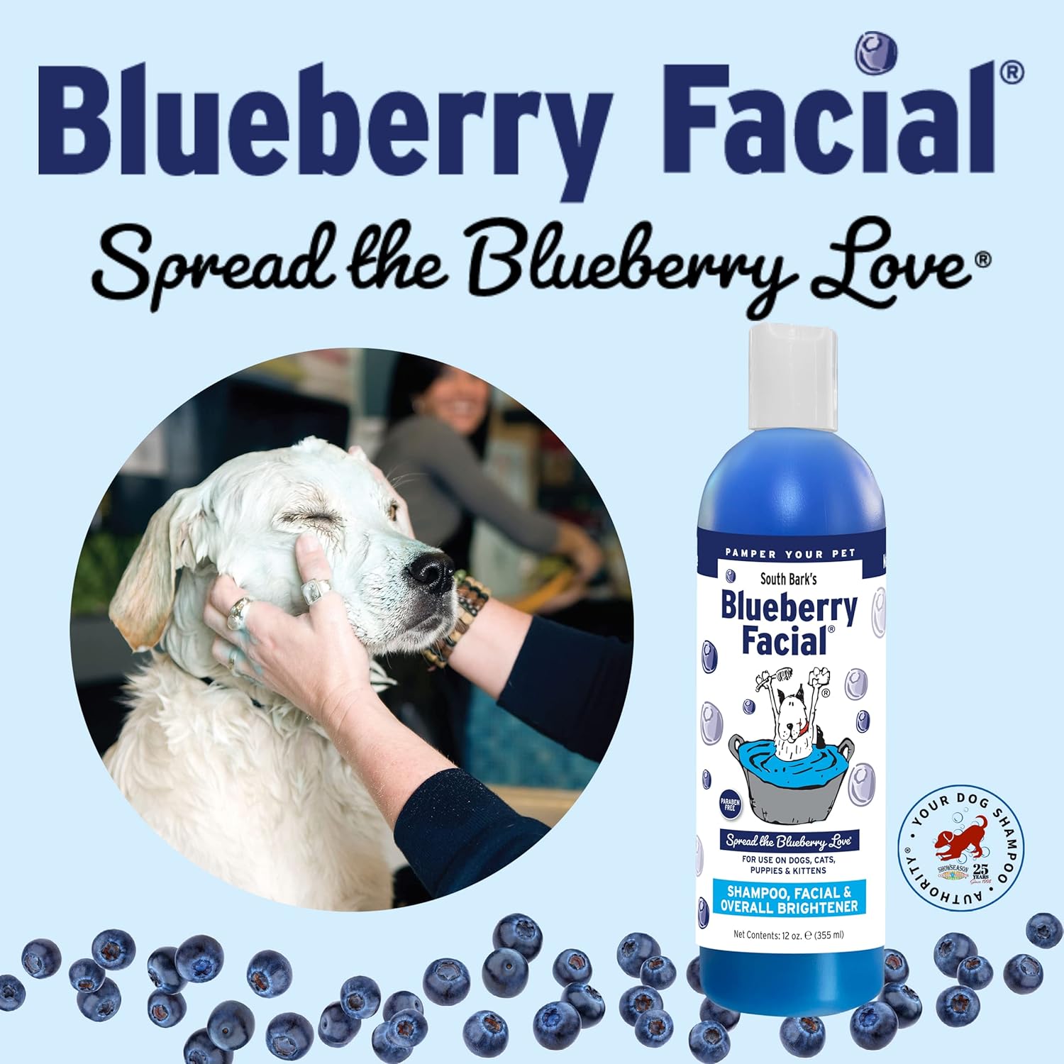 Blueberry facial pet shampoo bottle in blue liquid cleanser for dogs and cats with tear stain removal formula — view 4
