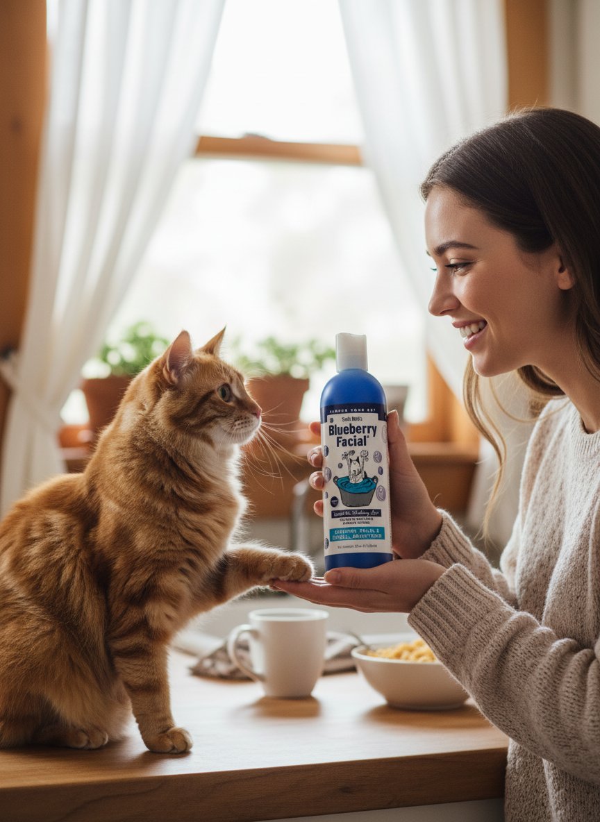 Blueberry facial pet shampoo bottle in blue liquid cleanser for dogs and cats with tear stain removal formula — view 2